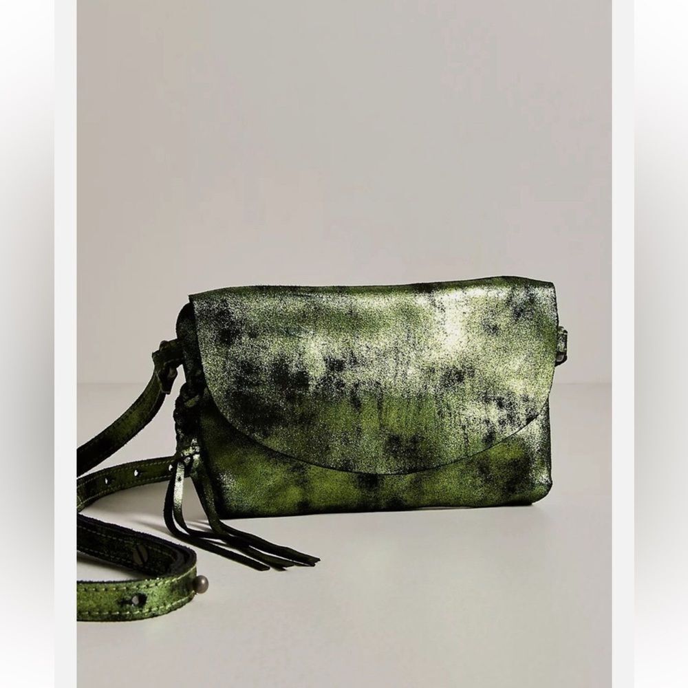 Free People Mini Flap Leather Crossbody Metallic Zipper Green